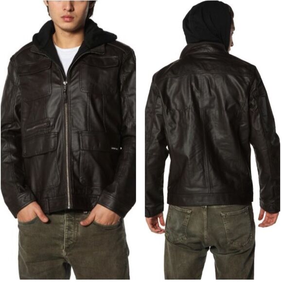 Members Only Men’s L Train Jacket Dark Brown Hooded Faux Leather Size M